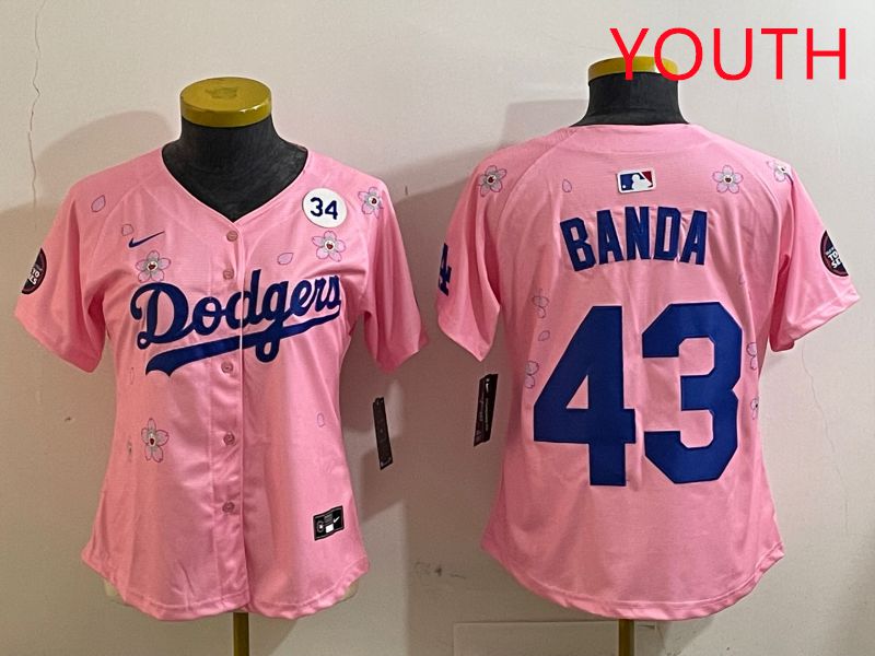 Youth Los Angeles Dodgers #43 Banda Pink White Blue Sakura Edition 2025 Nike MLB Jersey style 8
